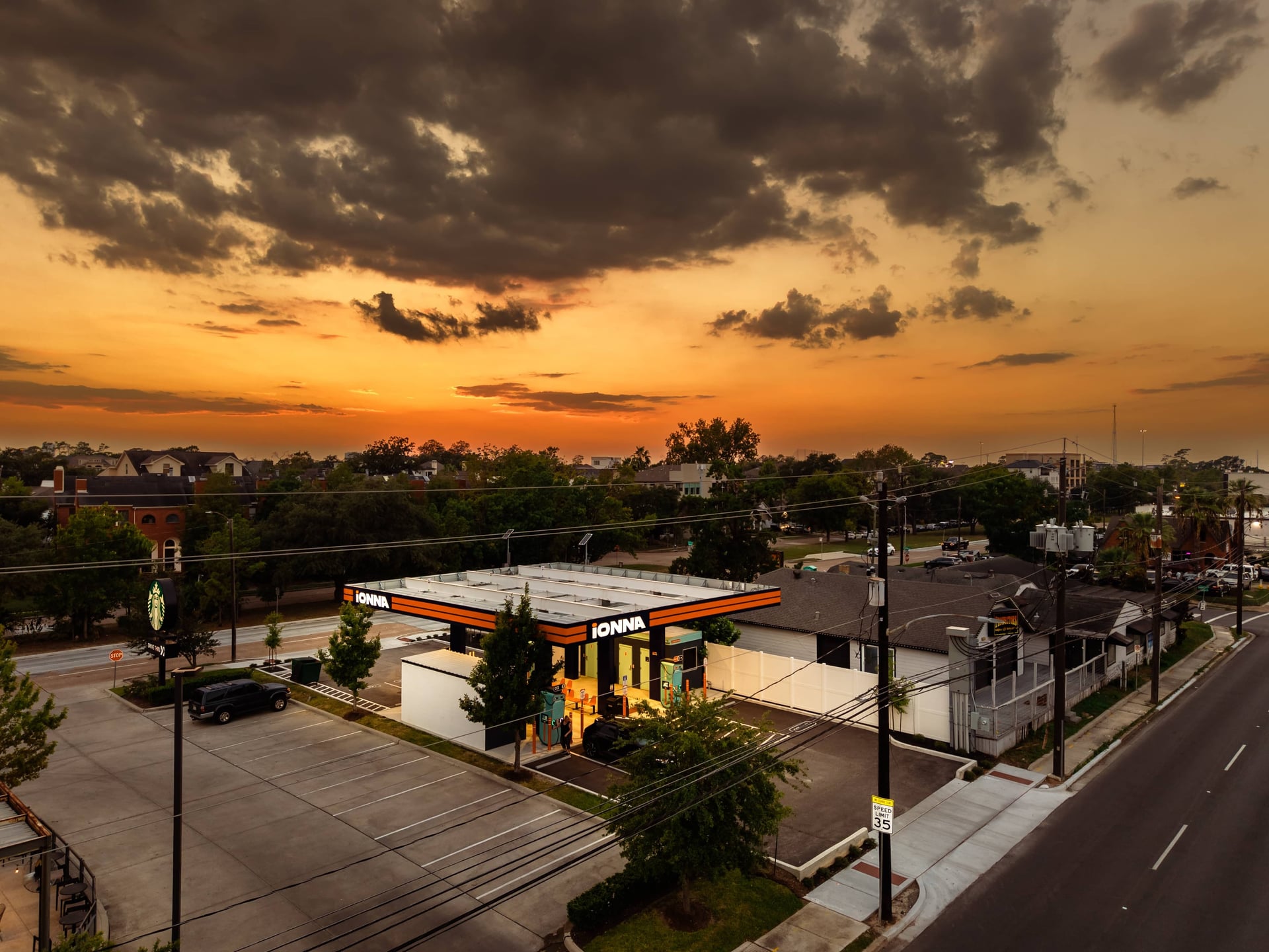 IONNA EV charging station at sunset, aerial and ground photography by IRL Marketing