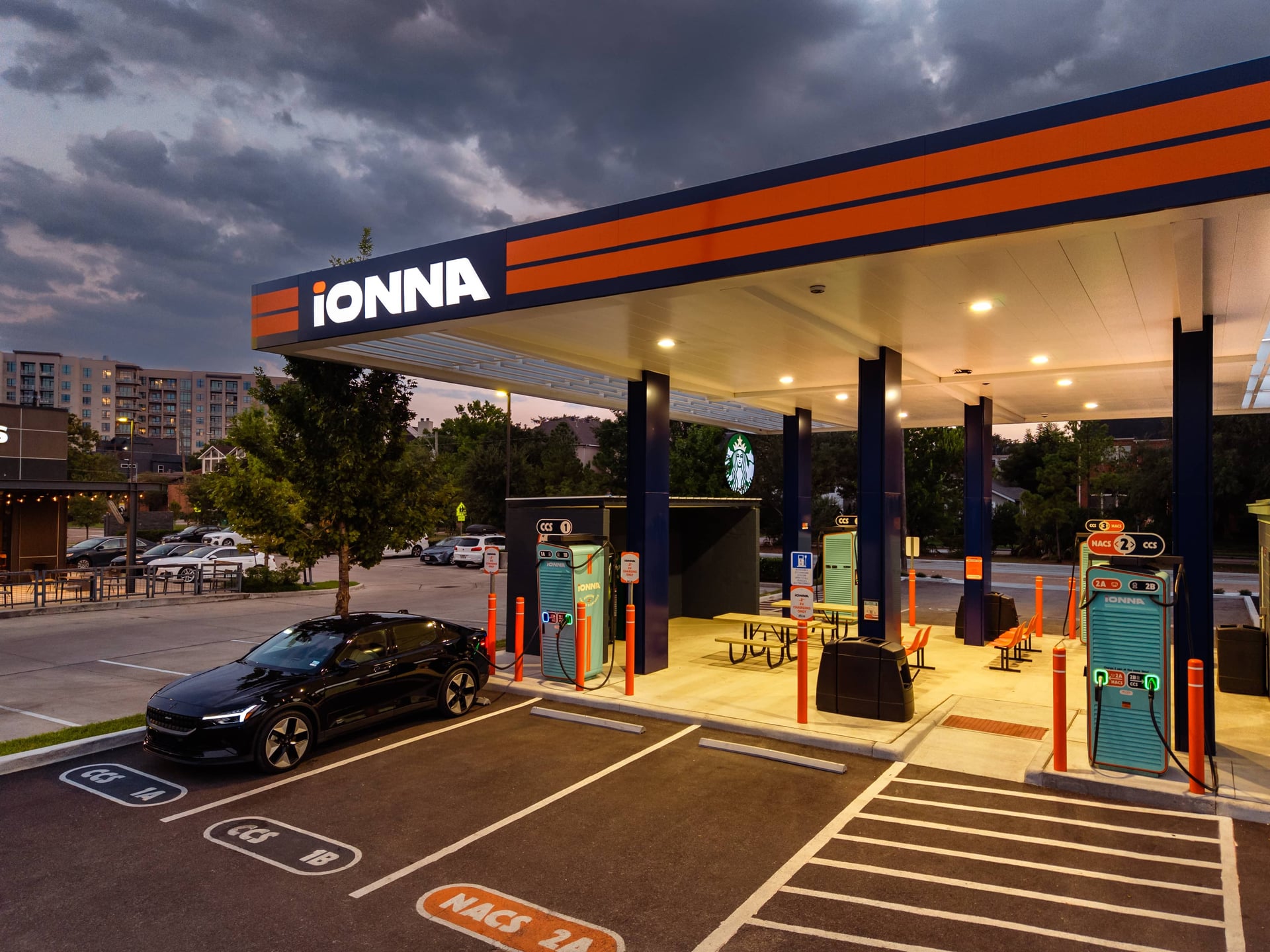 IONNA EV charging station at sunset, aerial and ground photography by IRL Marketing